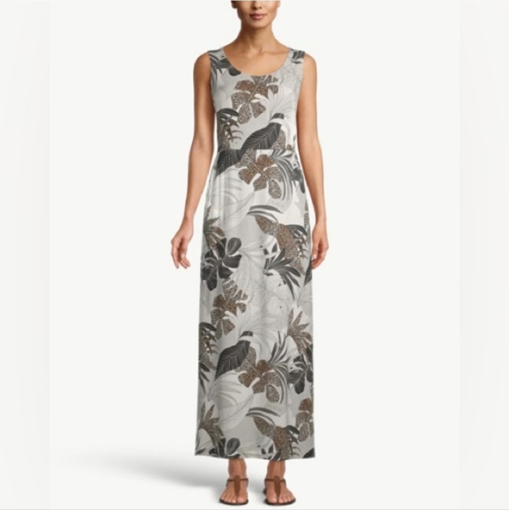 Chico’s Palm Print Stretch Maxi Dress Black Tan Sleeveless Size 8/10